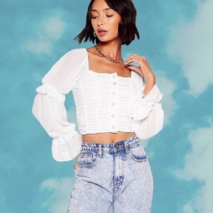 Ruched Ruffle Sleeve Button Down Crop Top